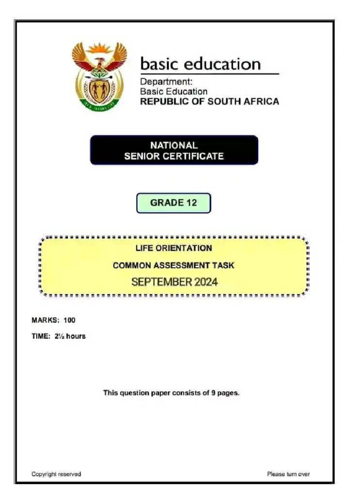 LIFE Orientation Grade 12 Common Assessment Task - September 2024 - Studocu