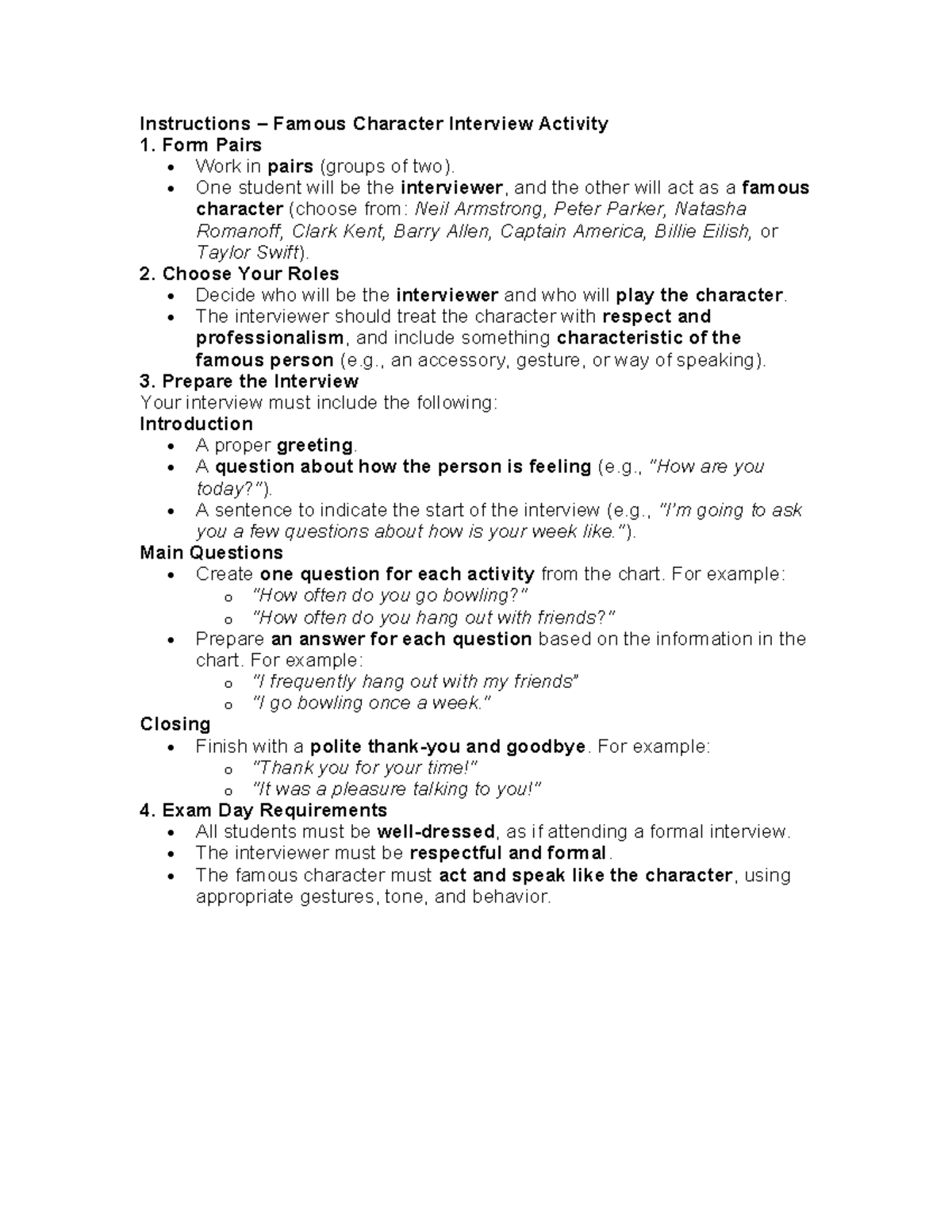 Famous Character Interview Activity Instructions - Studocu