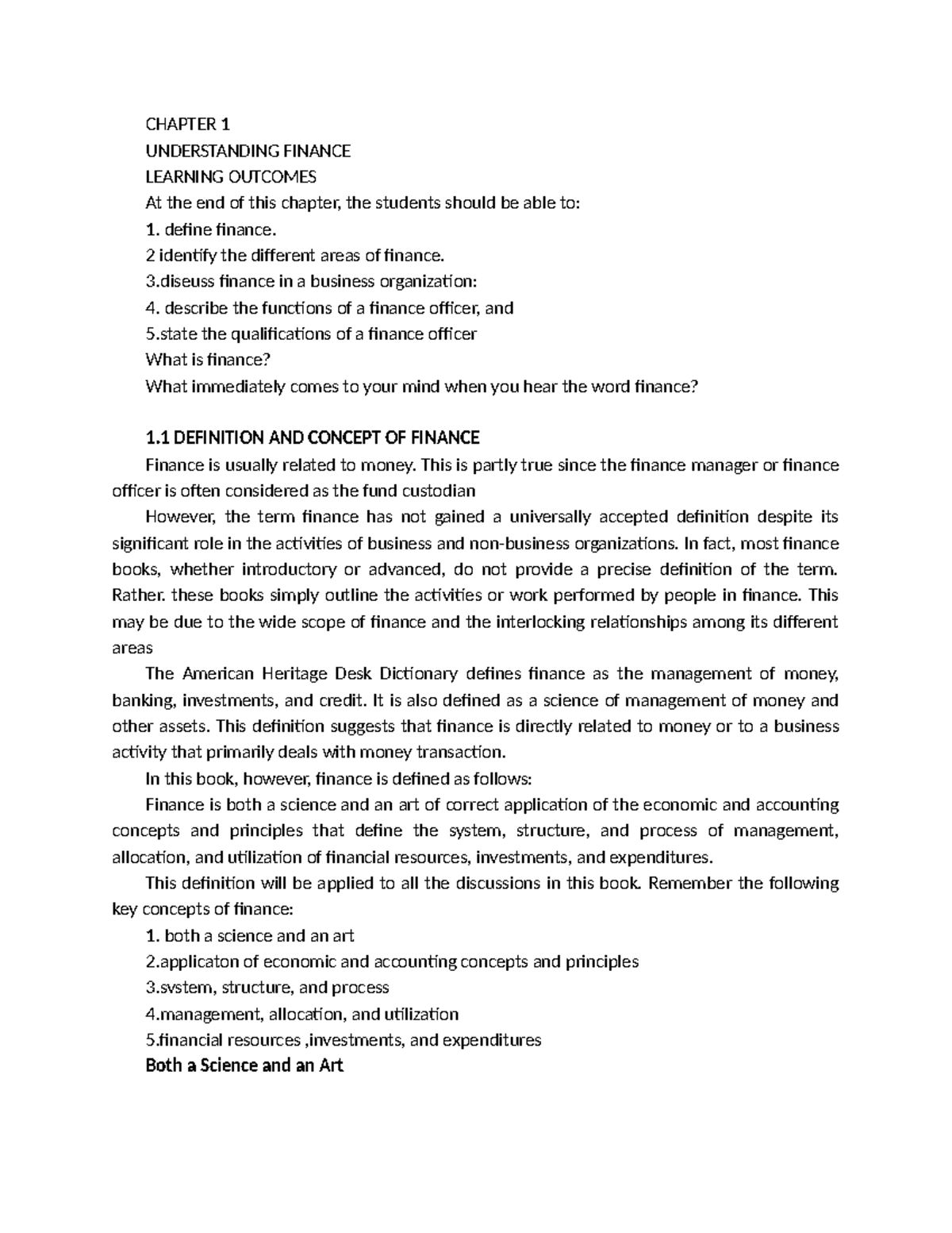 CH1: Understanding Finance - Key Concepts and Learning Outcomes - Studocu