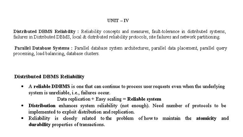 DDB-Unit IV: Reliability in Distributed DBMS and Parallel Systems - Studocu
