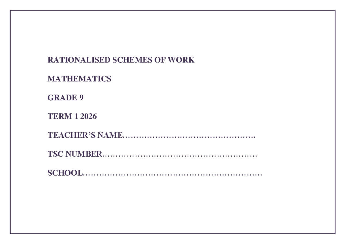 TERM 1 2026 GRADE 9 MATHEMATICS SCHEMES OF WORK - Studocu