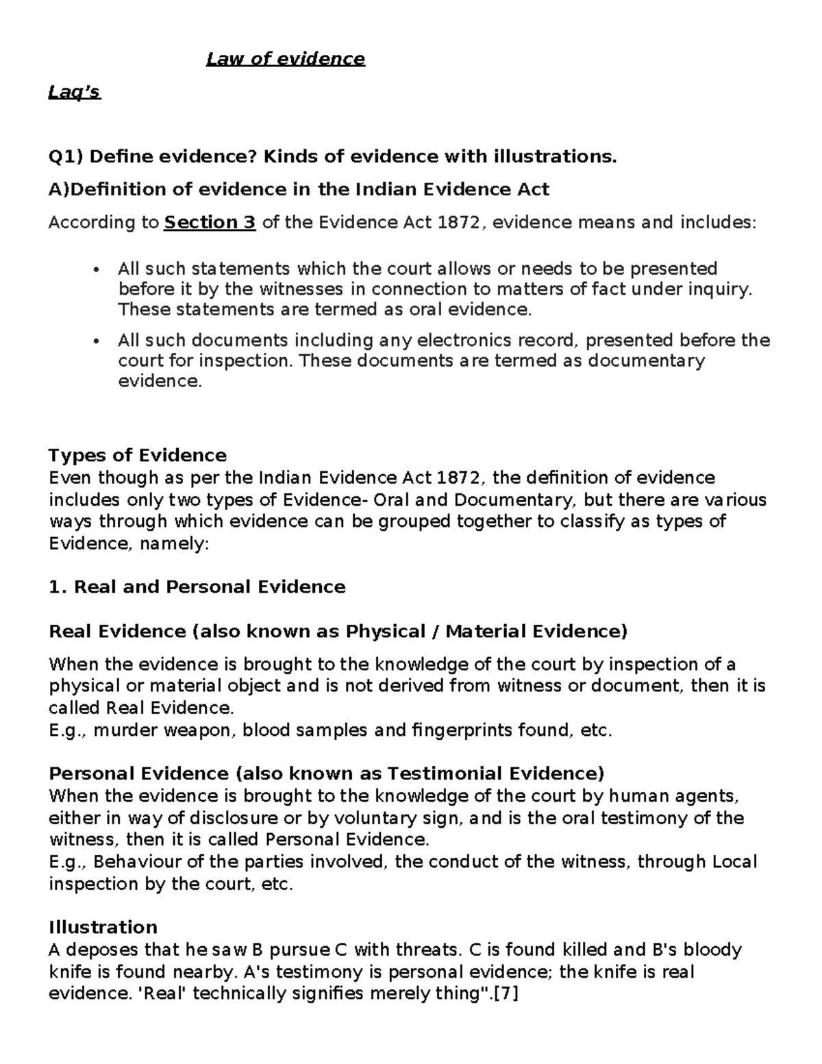 Law of evidence notes - Law of evidence Laq’s Q1) Define evidence ...