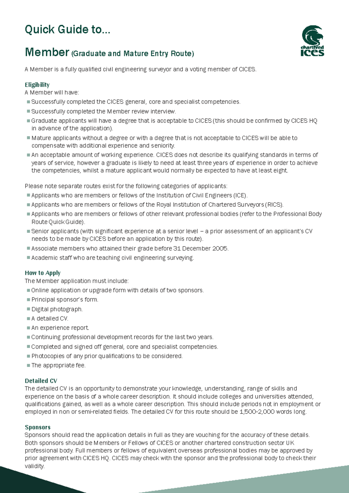 Quick Guide: CICES Member Grad & Mature Entry Route - Studocu