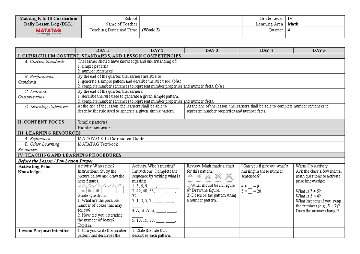 Q4 MATH DLL Week 2: Daily Lesson Log for Teachers - Studocu