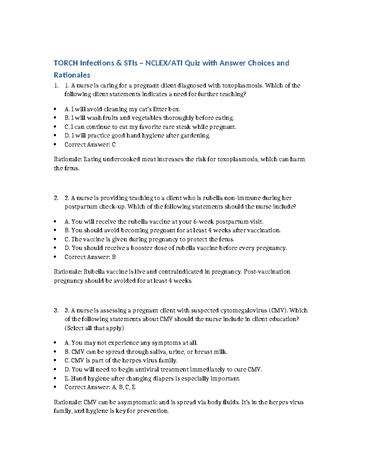 TORCH Infections STIs Quiz: Study Guide with Answers and Rationales ...