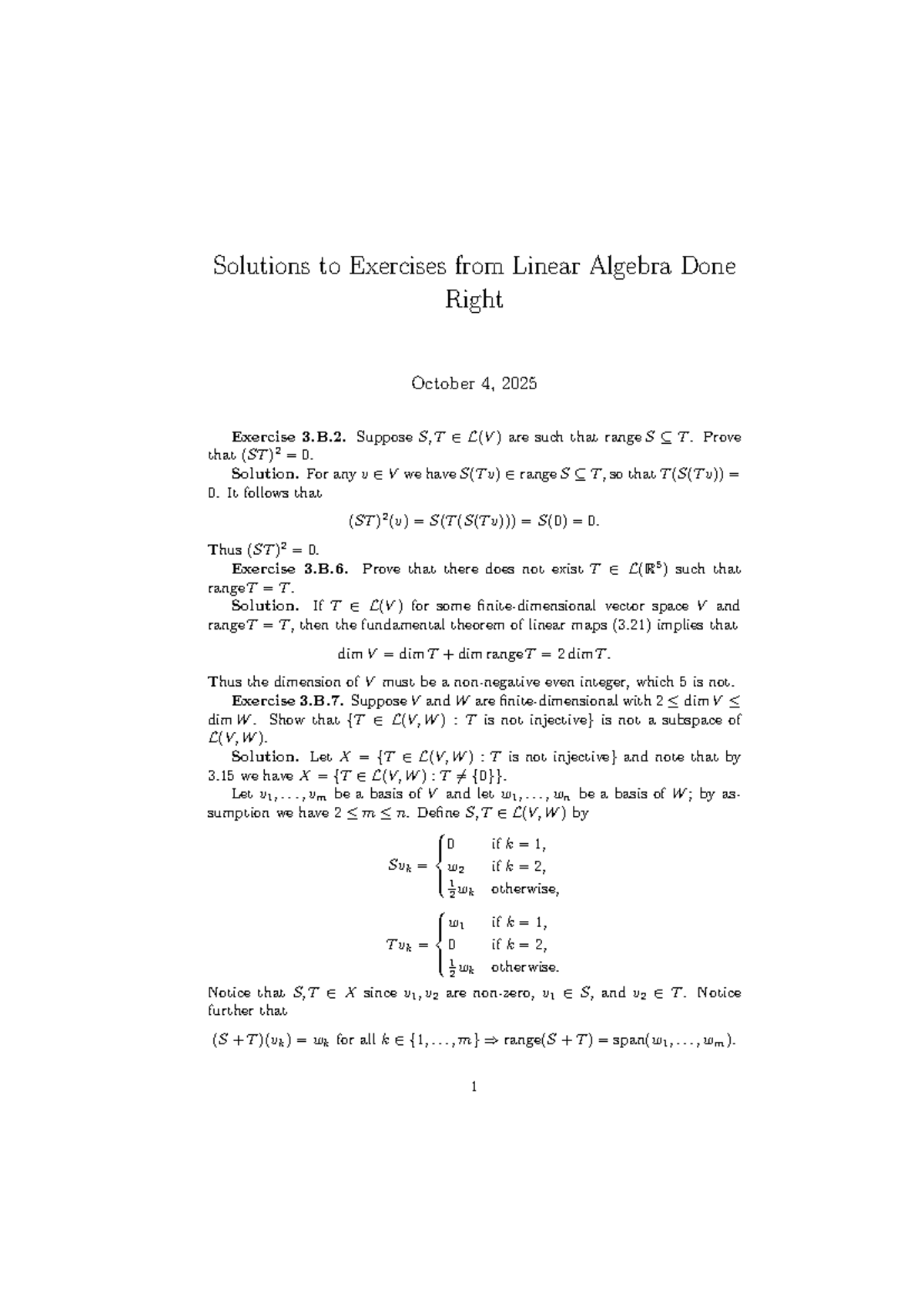 MATH110-7 Solutions to Exercises from Linear Algebra Done Right - Studocu