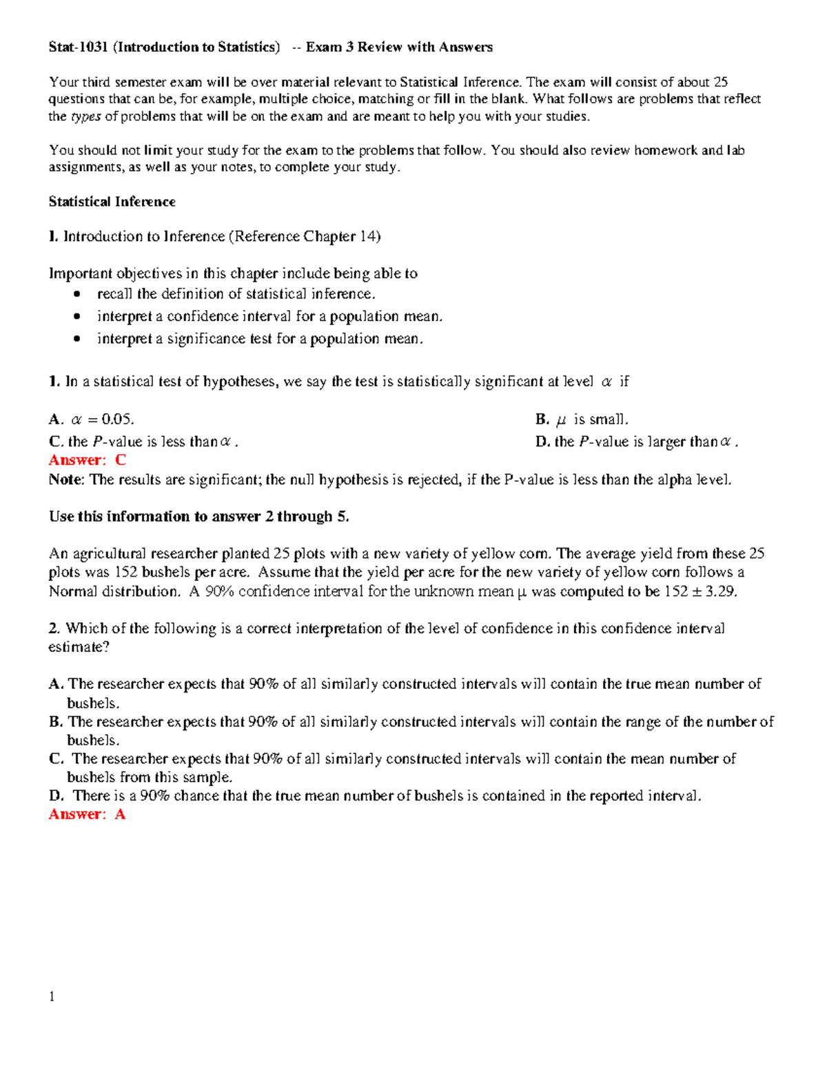 24SS Exam 3 Review: Statistical Inference Problems & Solutions - Studocu