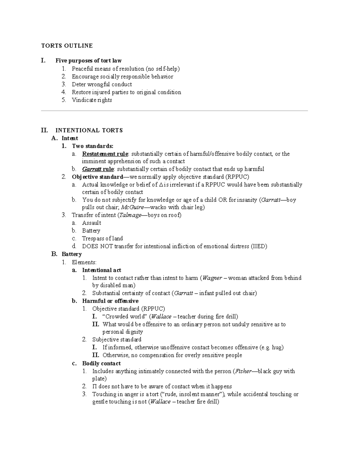 Torts Law Outline for Final Exam Review: Key Principles & Cases - Studocu