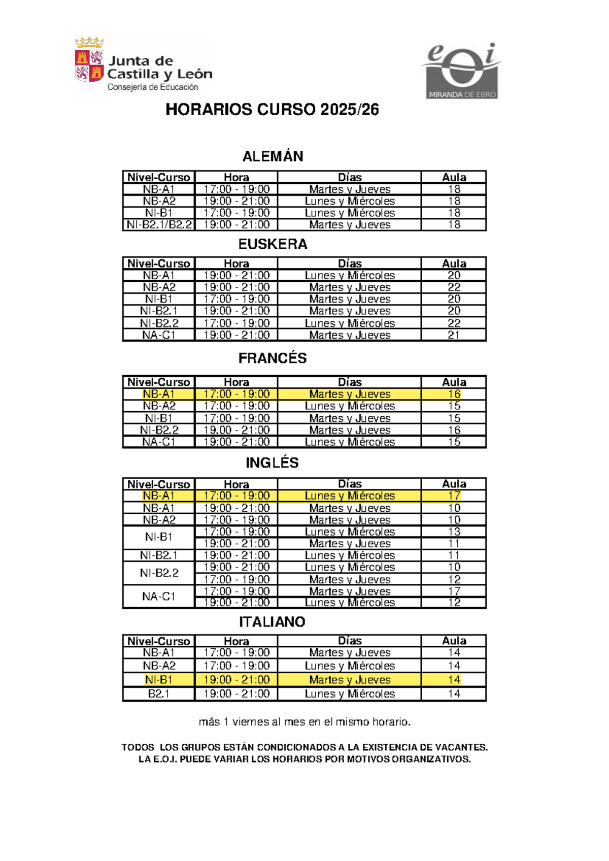 Horarios de Clases de Idiomas 2025-2026 - EUSKERA, ALEMÁN, FRANCÉS ...