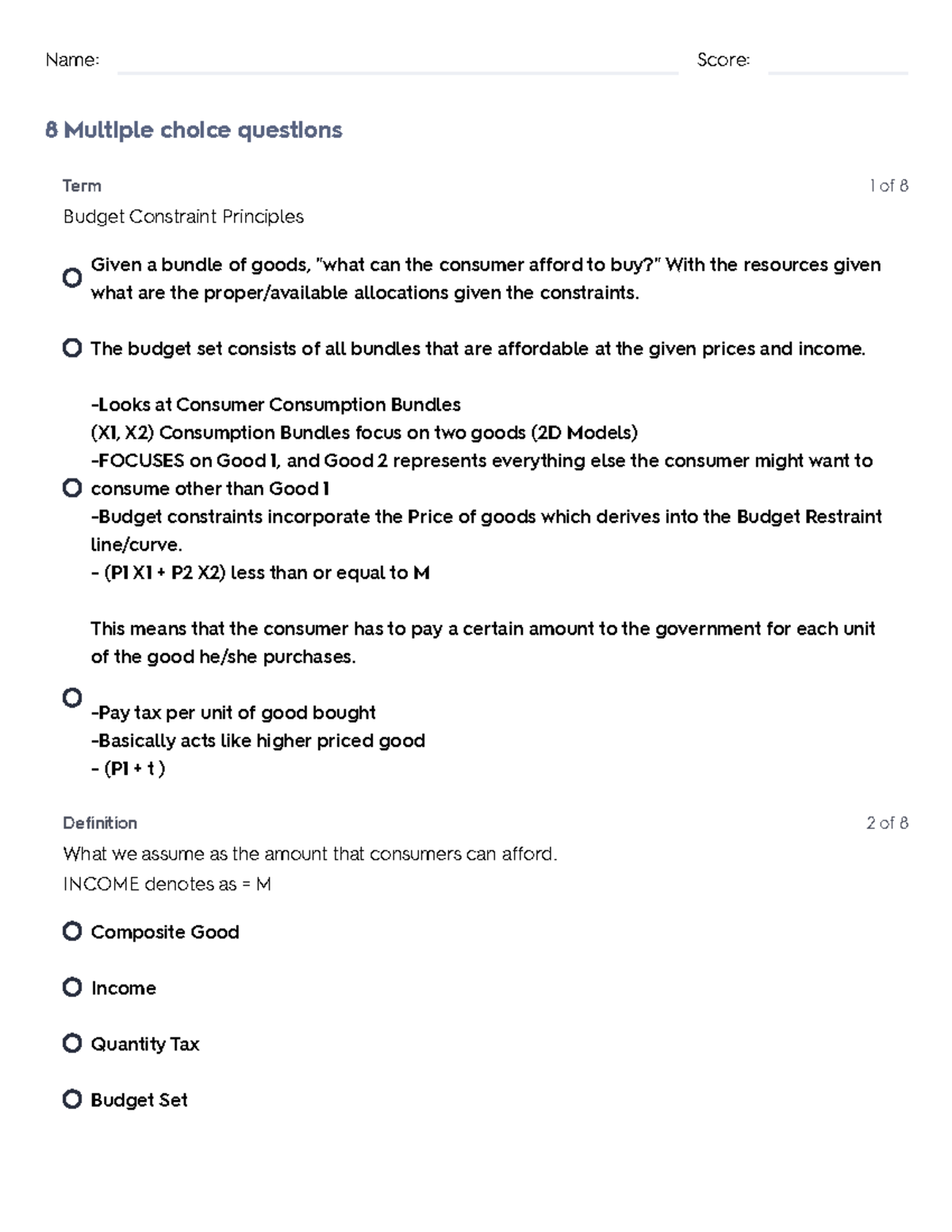 Microeconomics Quizlet: Chapter 2 - Budget Constraints - Studocu