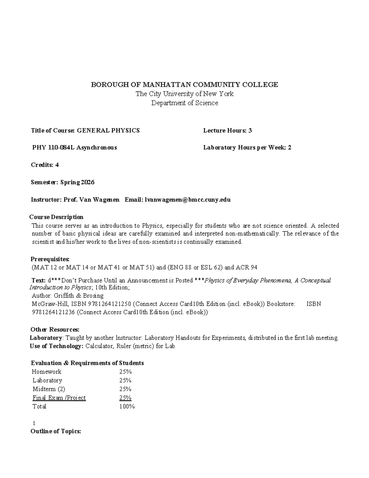 PHY 110 General Physics Syllabus - Spring 2026 - Studocu