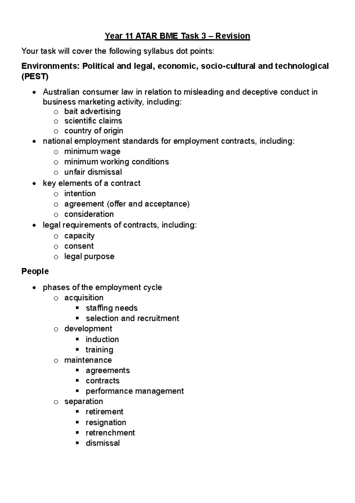 Year 11 ATAR BME Task 3 Revision: Employment Cycle & Consumer Law - Studocu