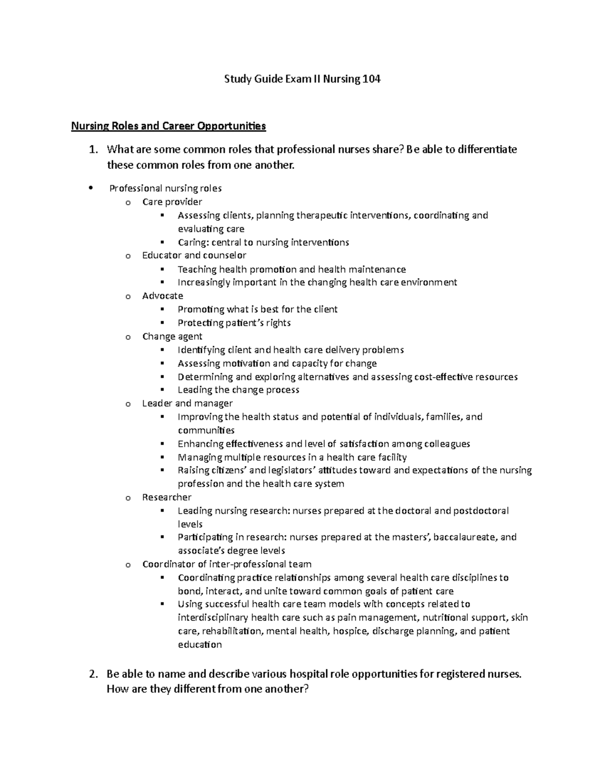 NURS 104 Exam 2 Comprehensive Study Guide on Nursing Roles & Quality ...