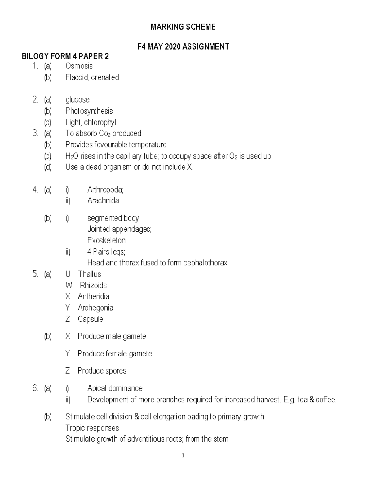 BIOLOGY FORM 4 PAPER 2 MARKING SCHEME - MAY 2020 - Studocu