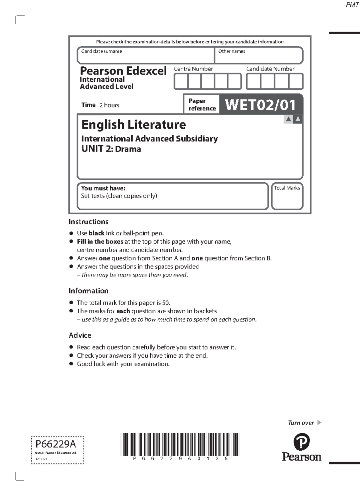 Edexcel A-level English Literature (IAL) Unit 2 Exam Paper - June 2021 ...