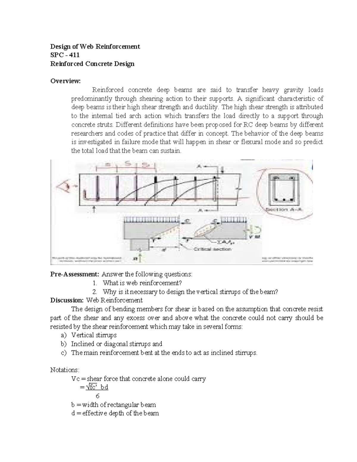 CE 327 Module V: Overview of Web Reinforcement in Deep Beams - Studocu