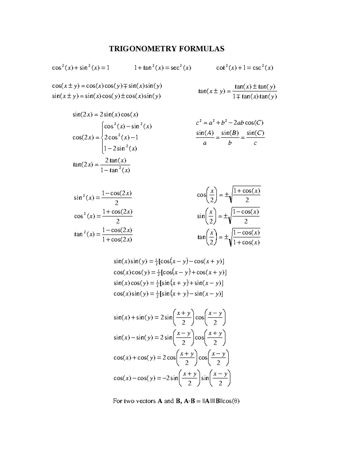 TRIGONOMETRY FORMULAS & IMPORTANT VALUES - MATH 2006 - Studocu