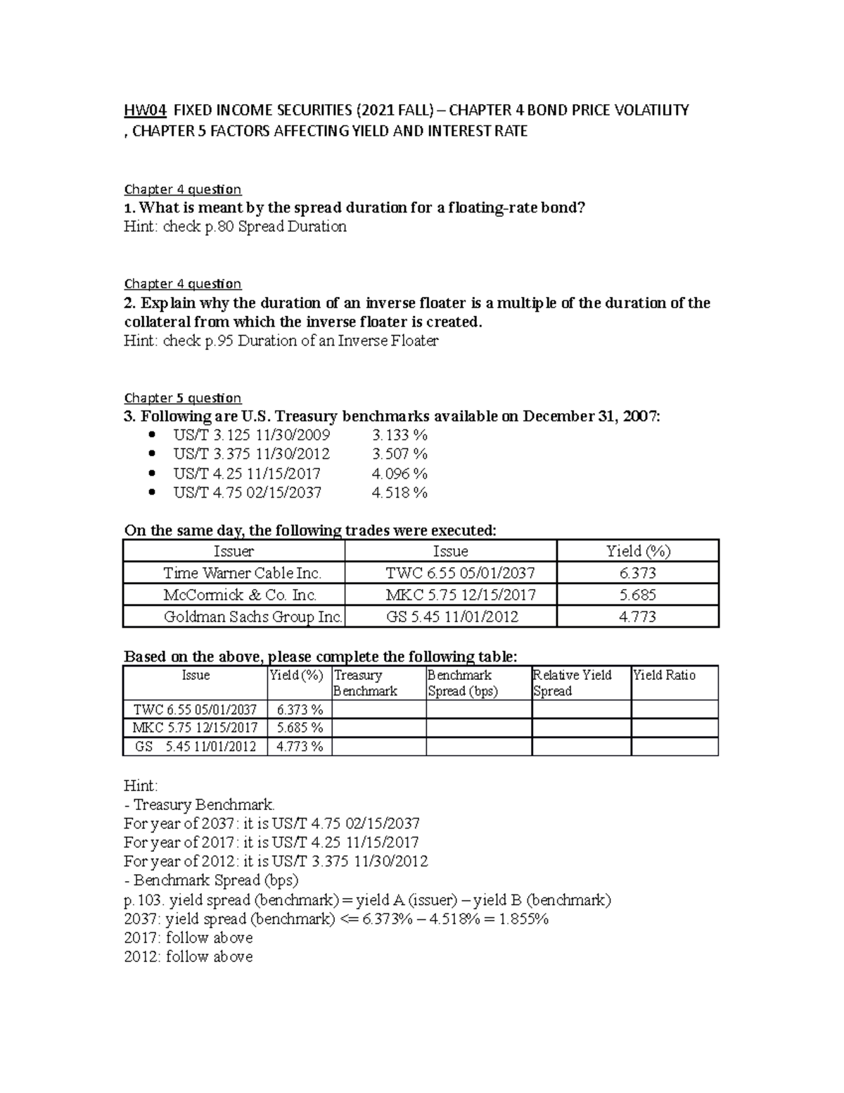 Fixed Income Securities HW04: Ch. 4 & 5 - Bond Pricing & Yields - Studocu