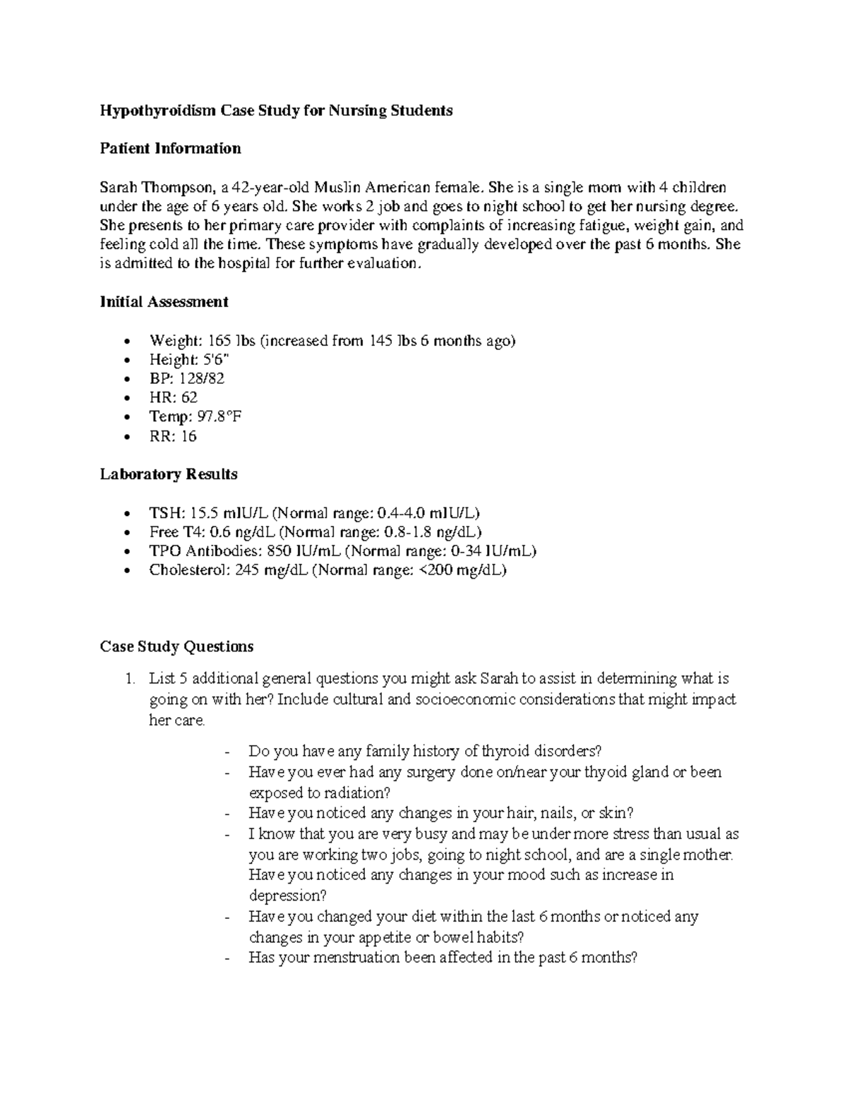 Endocrine Case Study on Hypothyroidism for Nursing Students (NUR 301 ...