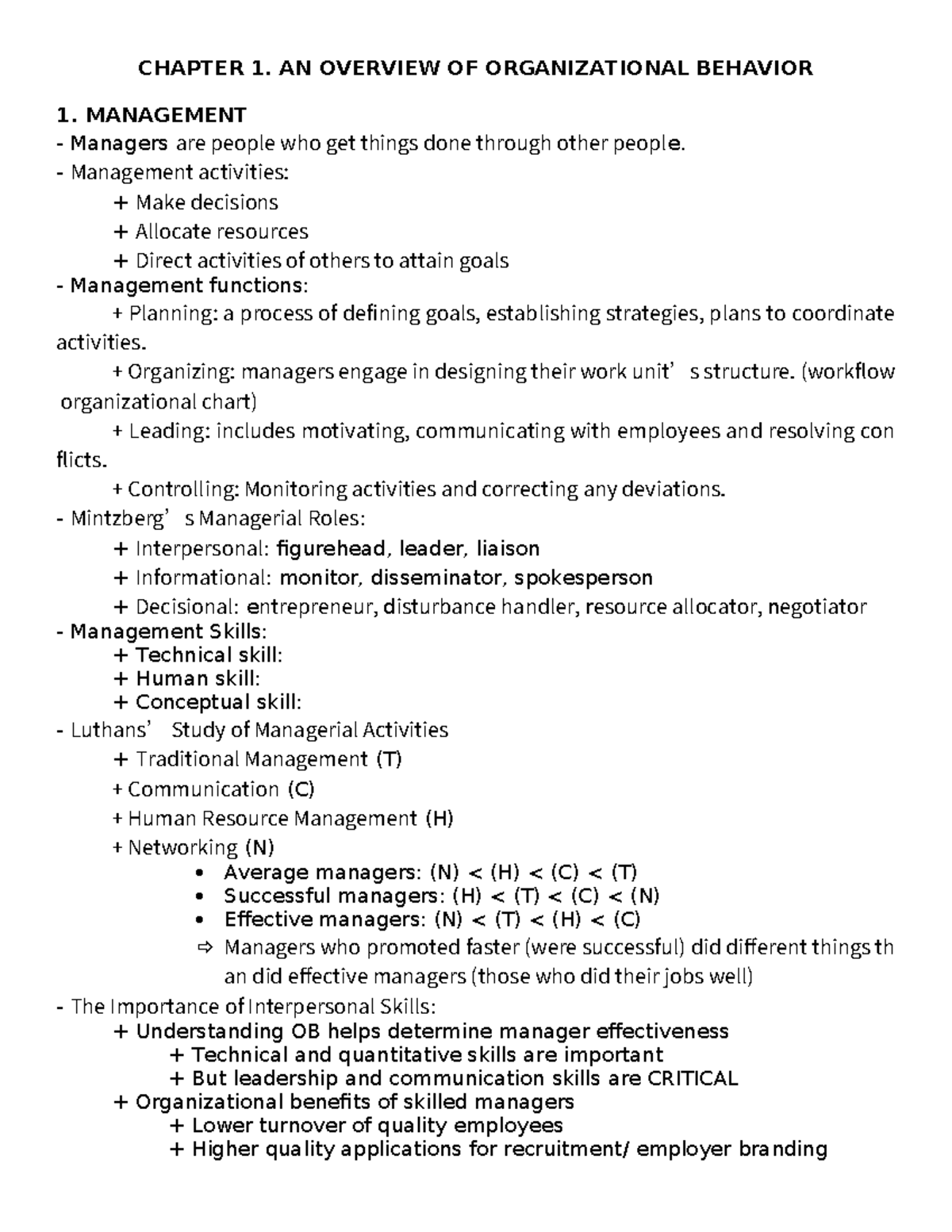 CHAPTER 1: OVERVIEW OF ORGANIZATIONAL BEHAVIOR - SUMMARY - Studocu