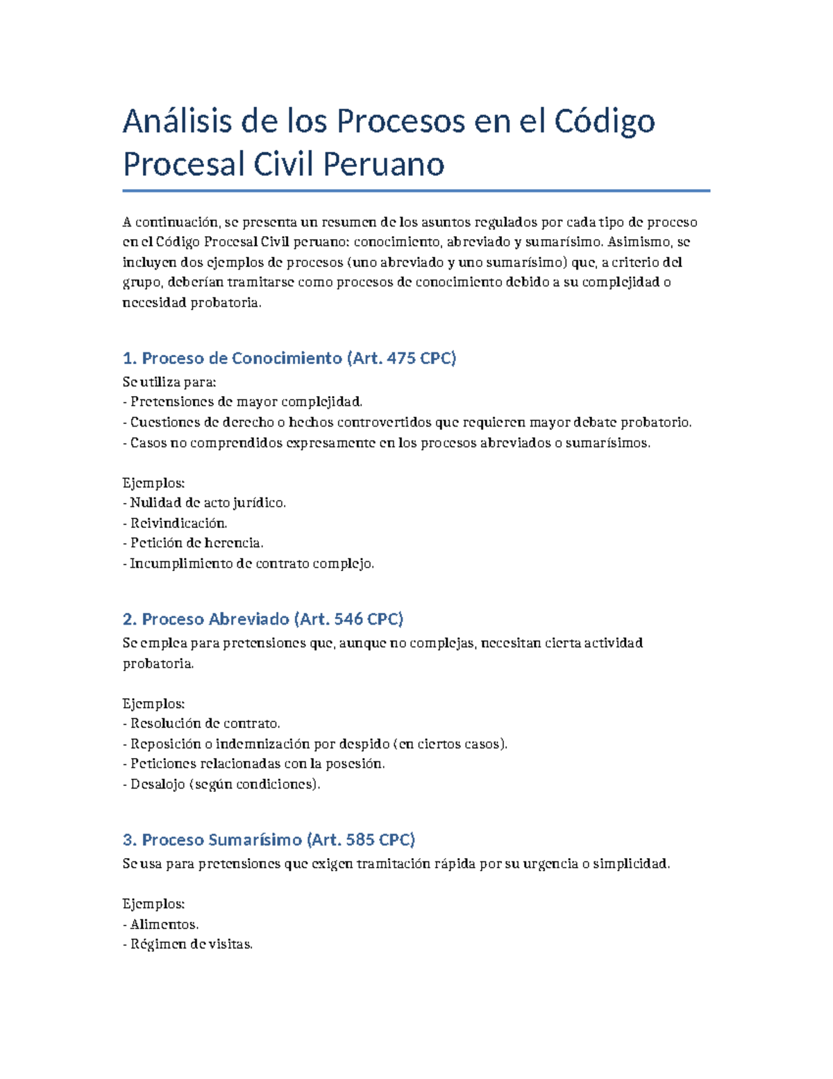 Procesos CPC Peruano-2 - Análisis de los Procesos en el Código Procesal ...