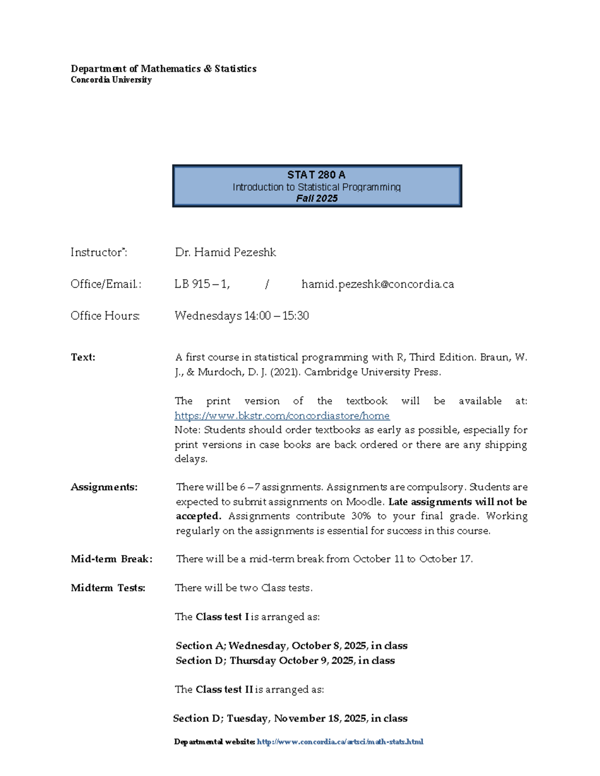 STAT 280A Fall 2025 - Outline for Statistical Programming Course - Studocu