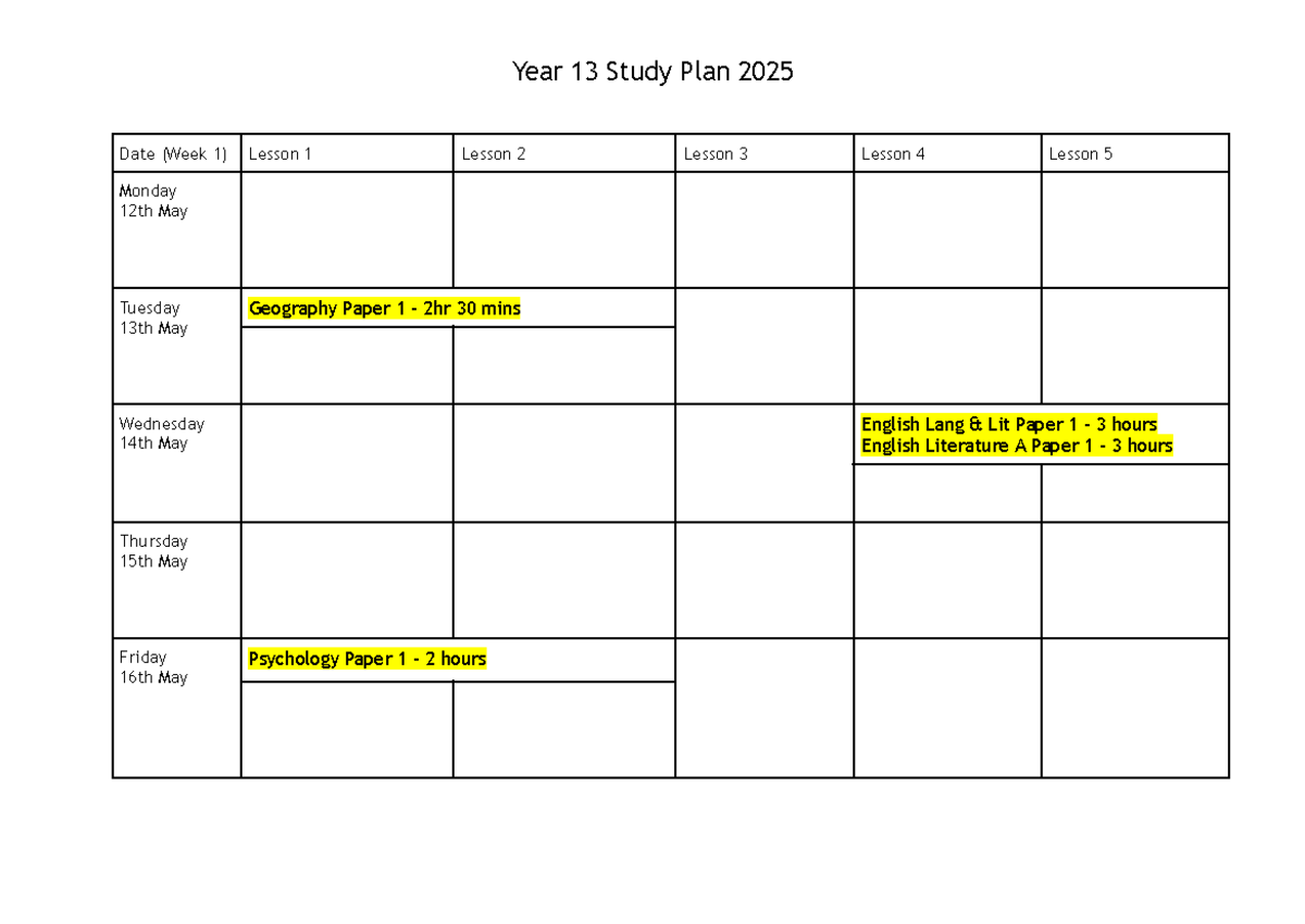Year 13 Study Plan 2025: Weekly Lessons & Exam Schedule - Studocu