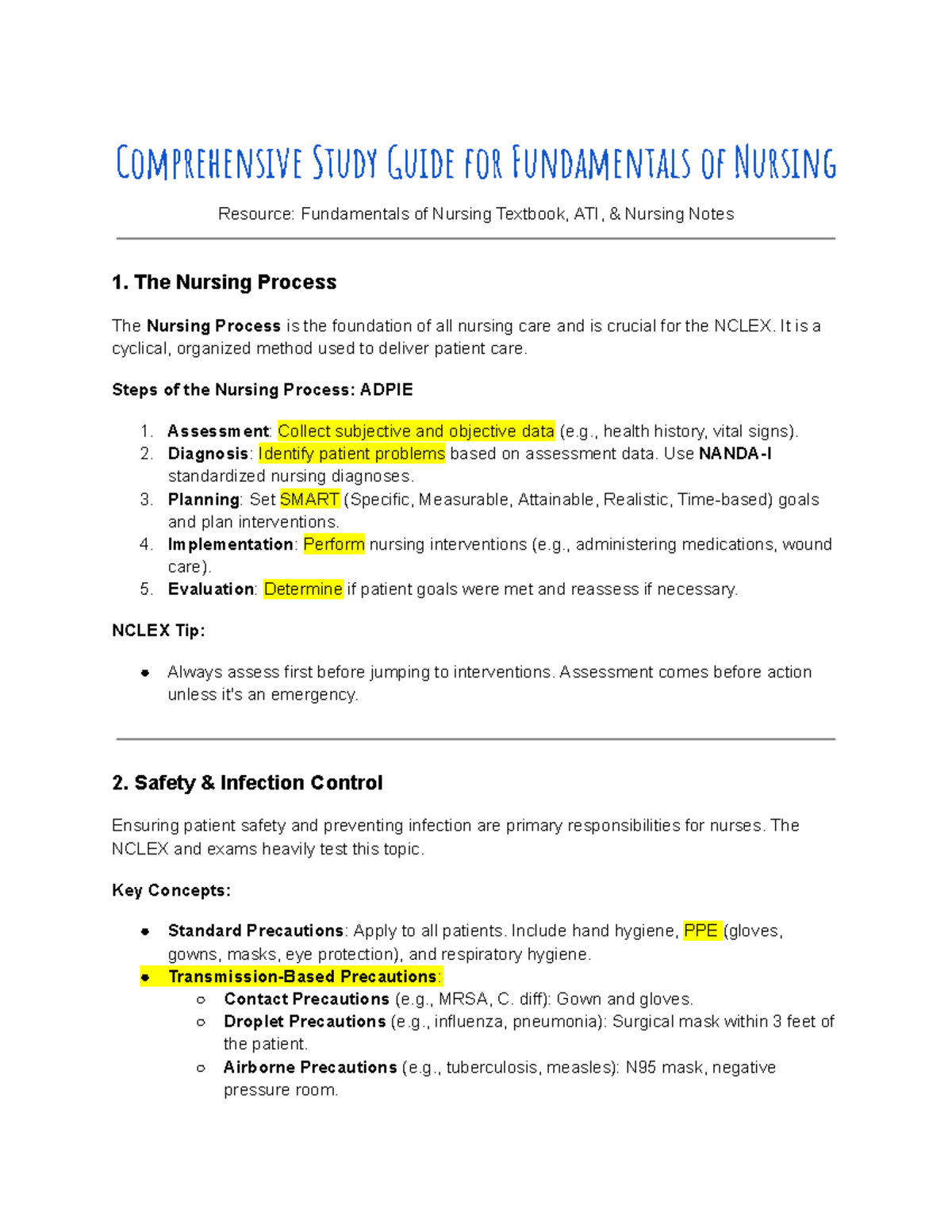Comprehensive Study Guide for Nursing Fundamentals (NURS 101) - Studocu