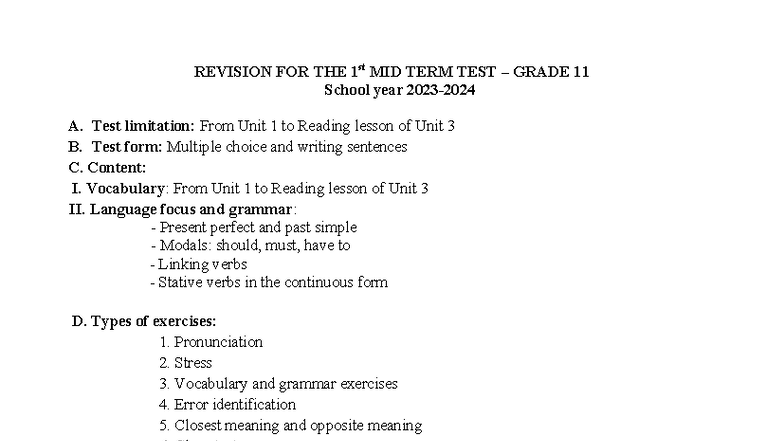 Revision for the 1st Midterm Test - Grade 11 (Units 1-3) - Studocu
