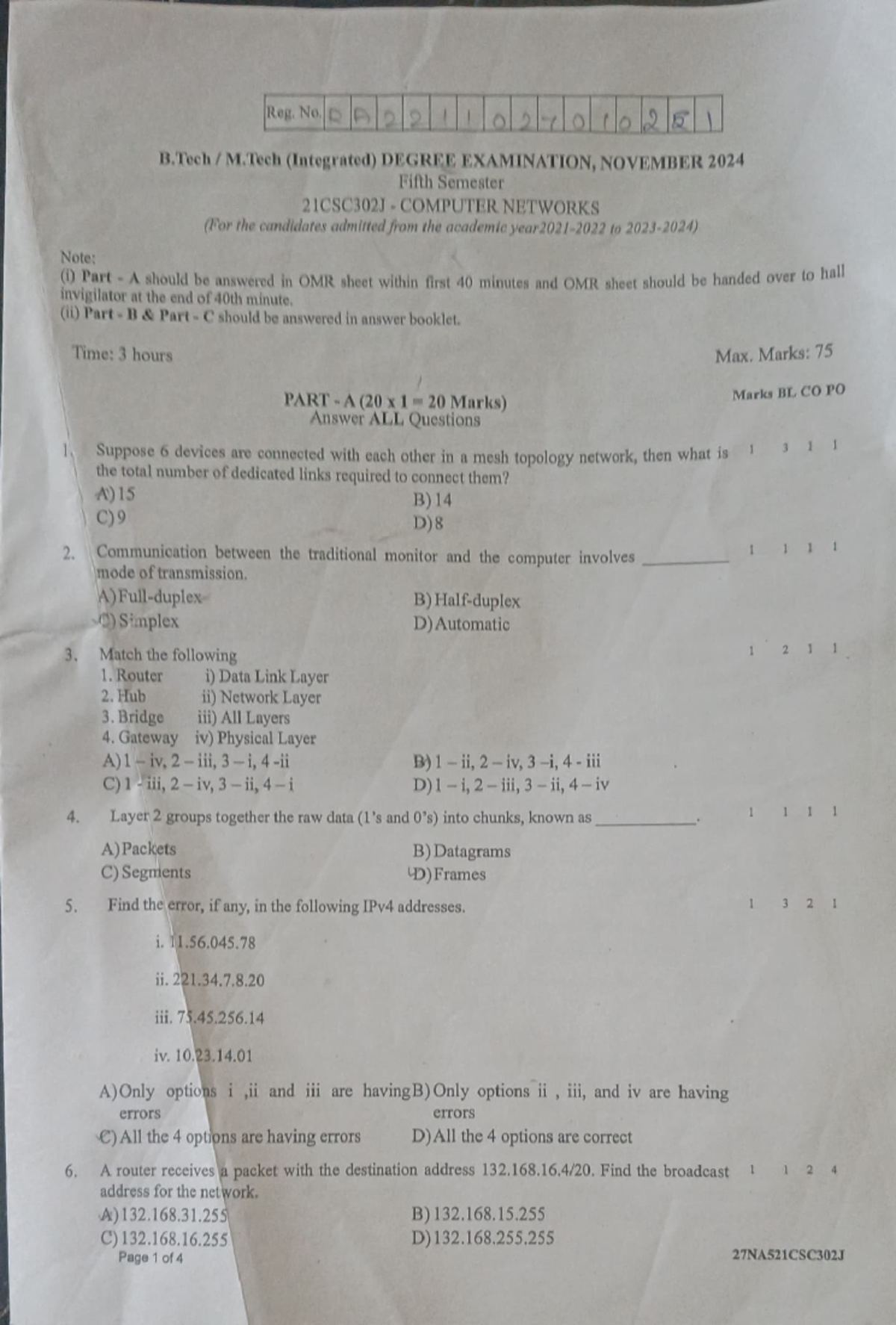 Computer networks sem 5 qp - Note: 2 () Part A should be answered in ...