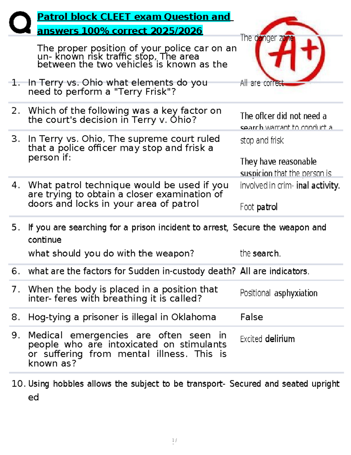 Patrol Block CLEET Exam: Key Questions & Answers Guide - Studocu