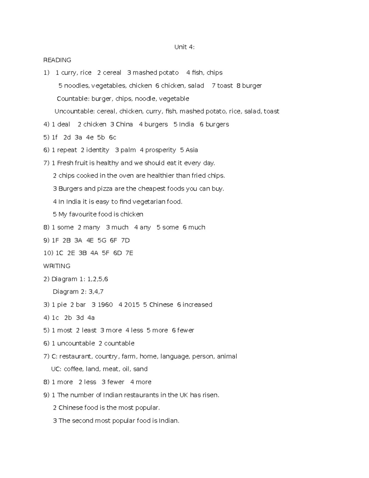R&W Unit 4: Practice Assignments on Food & Countability - Studocu