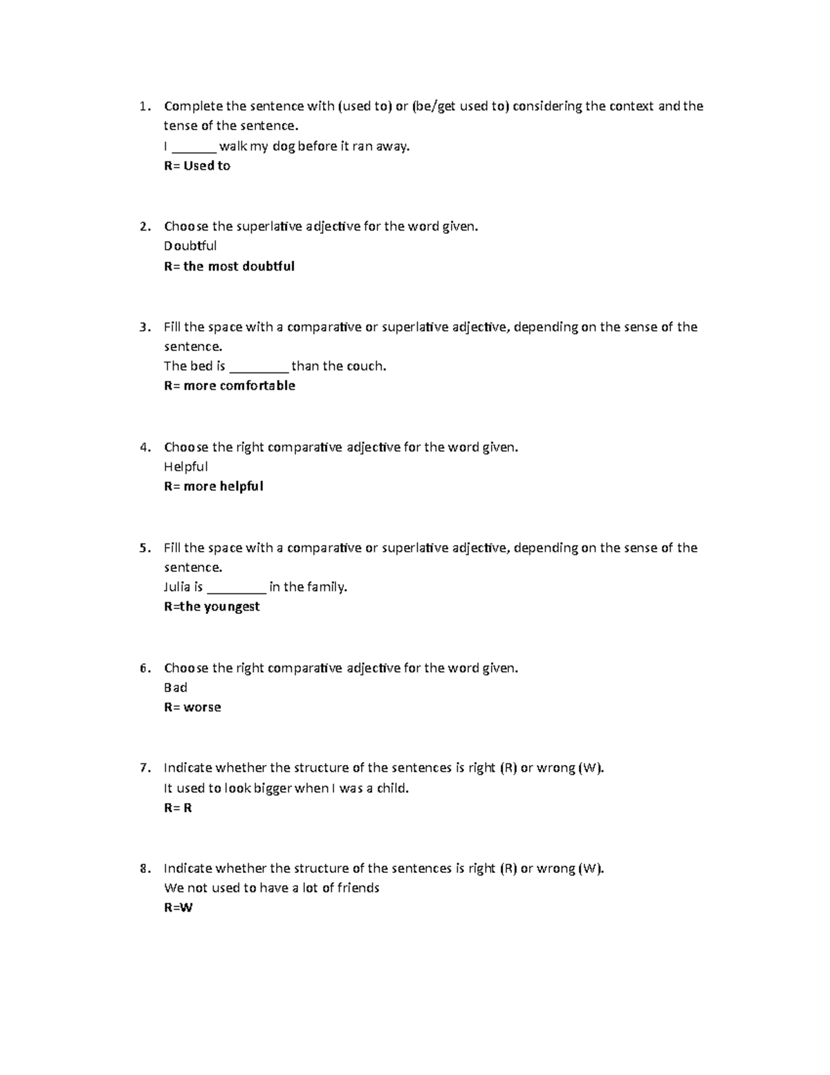Assignment 5 Questionnaire U3 - Comparative and Superlative Adjectives ...