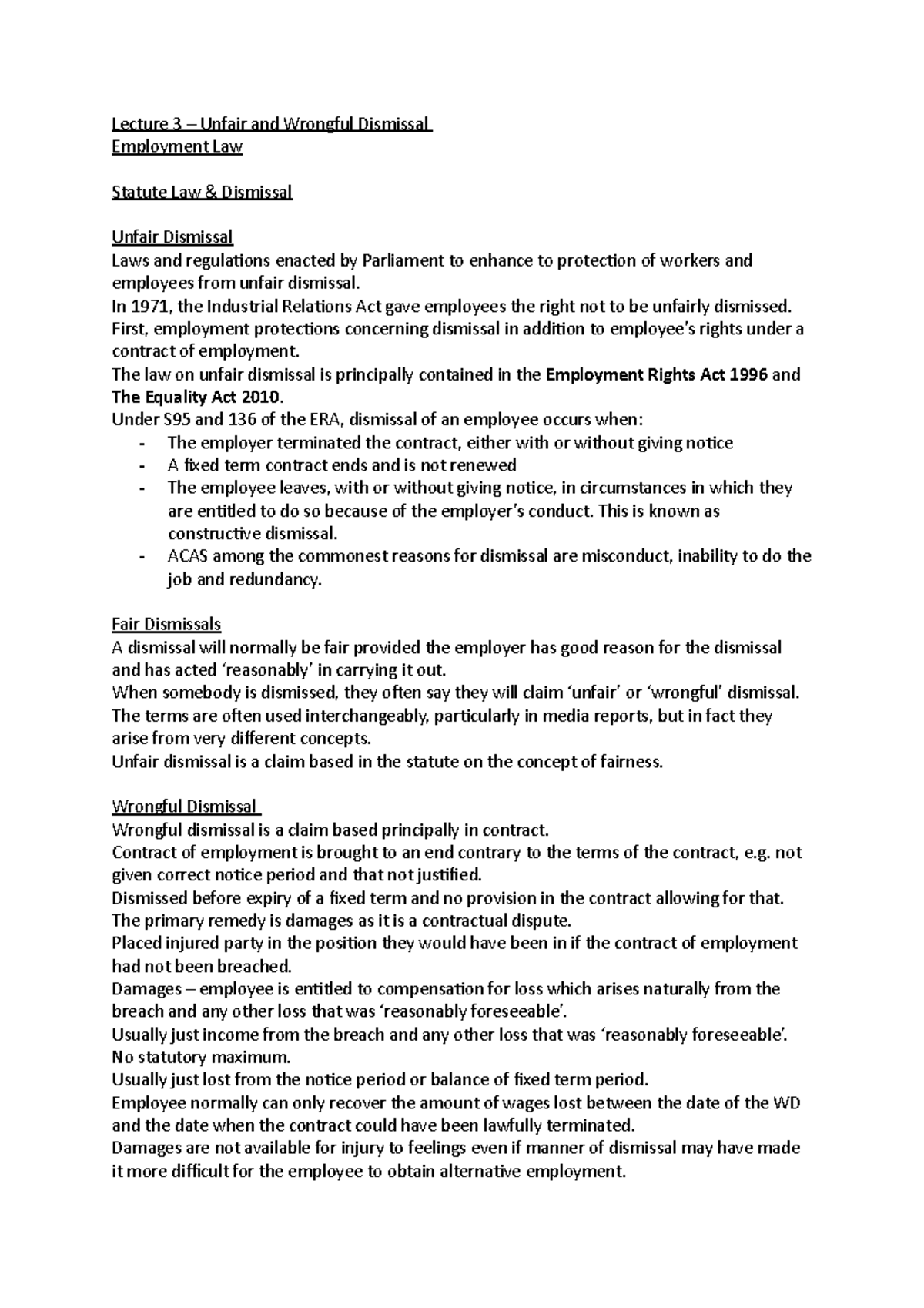 Lecture 3 - Exploring Unfair and Wrongful Dismissal in Employment Law ...
