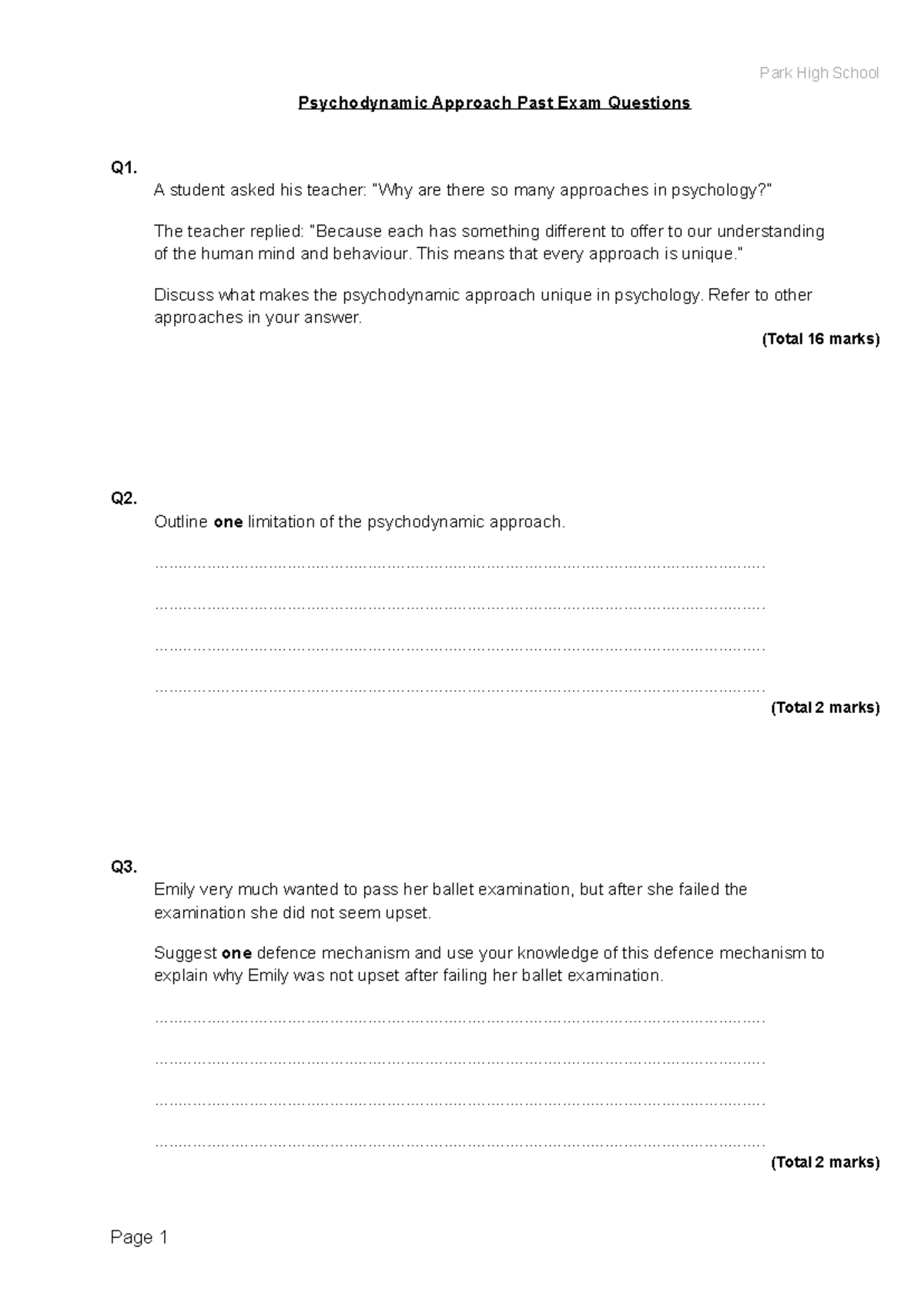 Psychodynamic Approach: Past Exam Questions & Analysis for PSY201 - Studocu