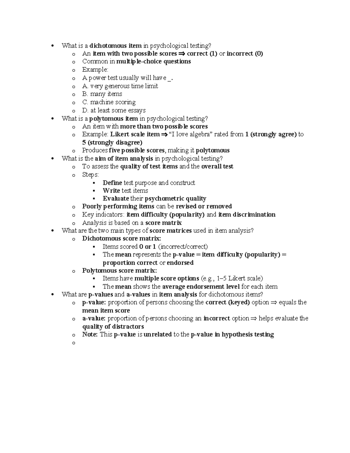 TEST W2 - Summary of Dichotomous and Polytomous Items in Psych Testing ...