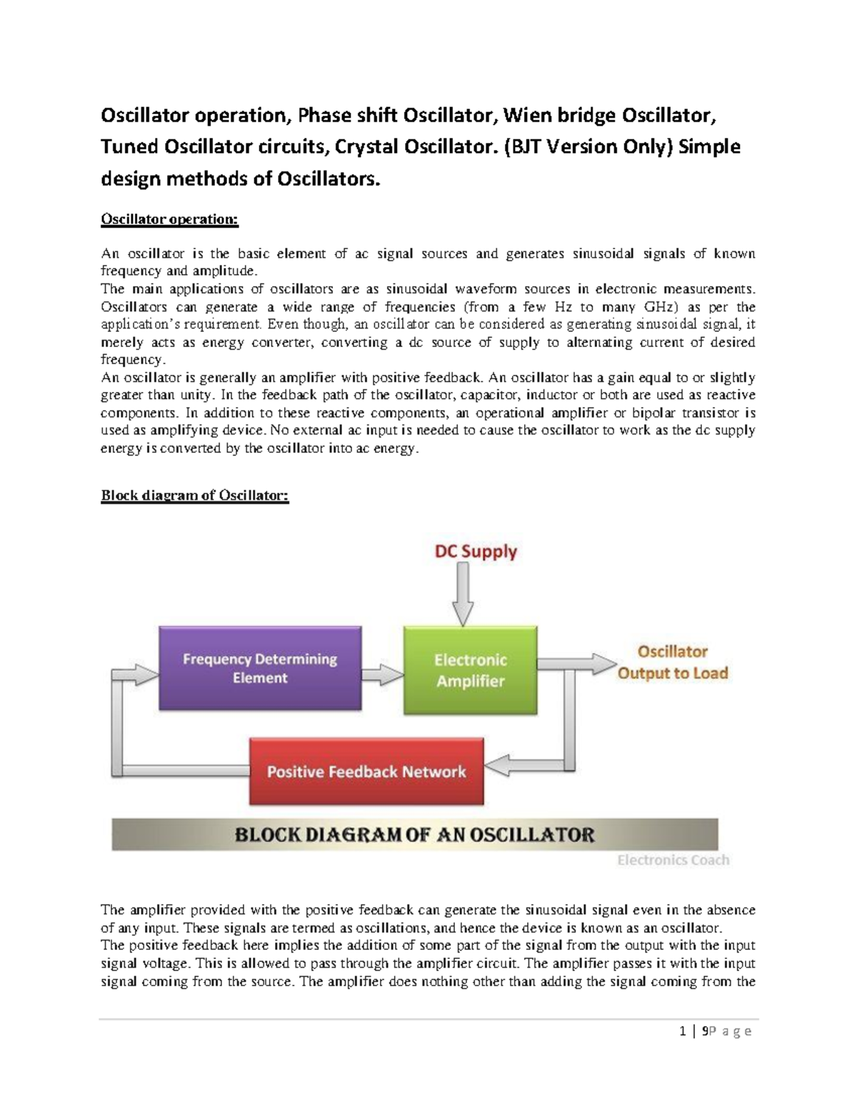 Oscillators: Design Methods & Applications in Electronic Circuits - Studocu