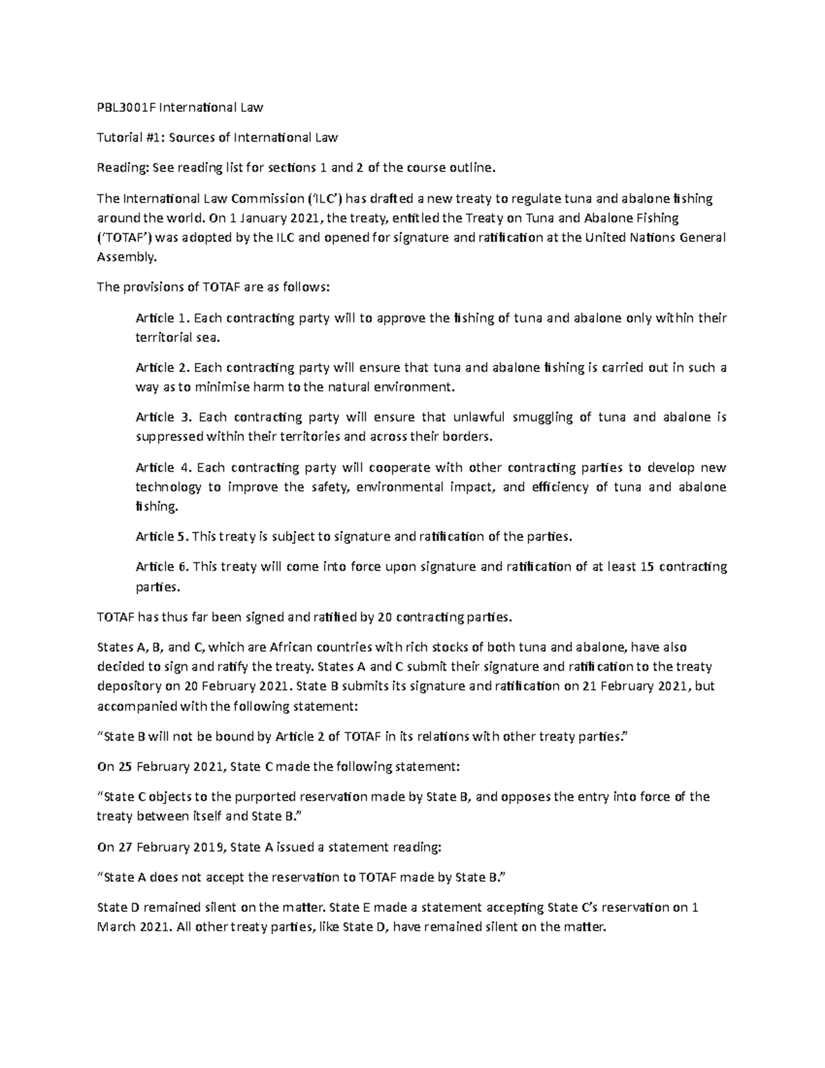 International Law - Tutorial 1 - PBL3001F International Law Tutorial #1 ...