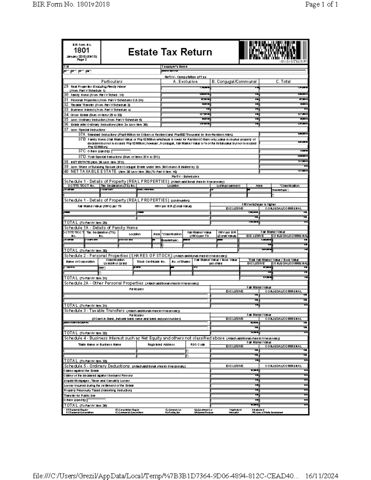 BIR Form No. 1801 Estate Tax Return - Minerva Bopitpoe (Jan 2018) - Studocu