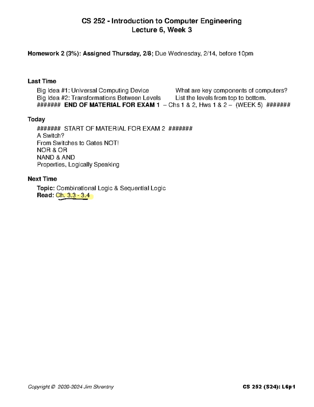 CS 252 - Lecture 7, Week 4 Notes on Combinational & Sequential Logic ...