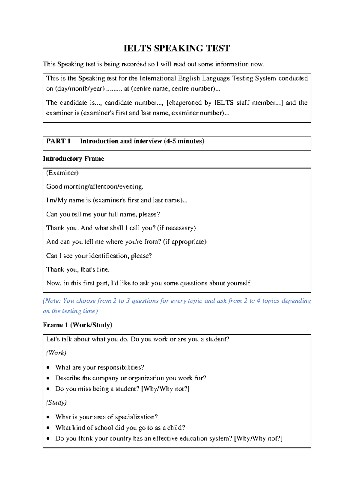 09.08 IELTS Speaking Test: Structure and Sample Questions - Studocu