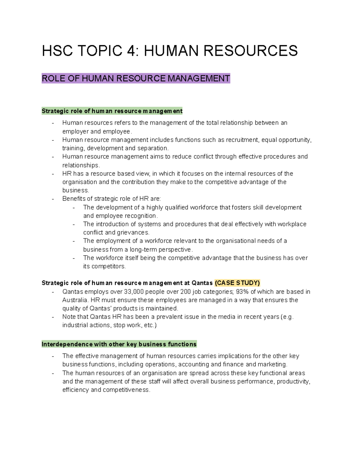 HSC Notes: Human Resources - HSC TOPIC 4: HUMAN RESOURCES ROLE OF HUMAN ...