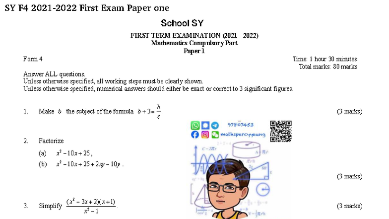 Sy f4 2021 2022 first exam paper one - F 4 First Term Exam 20 21 \u2013 22 MATH 1 P. 1 SING YIN ...