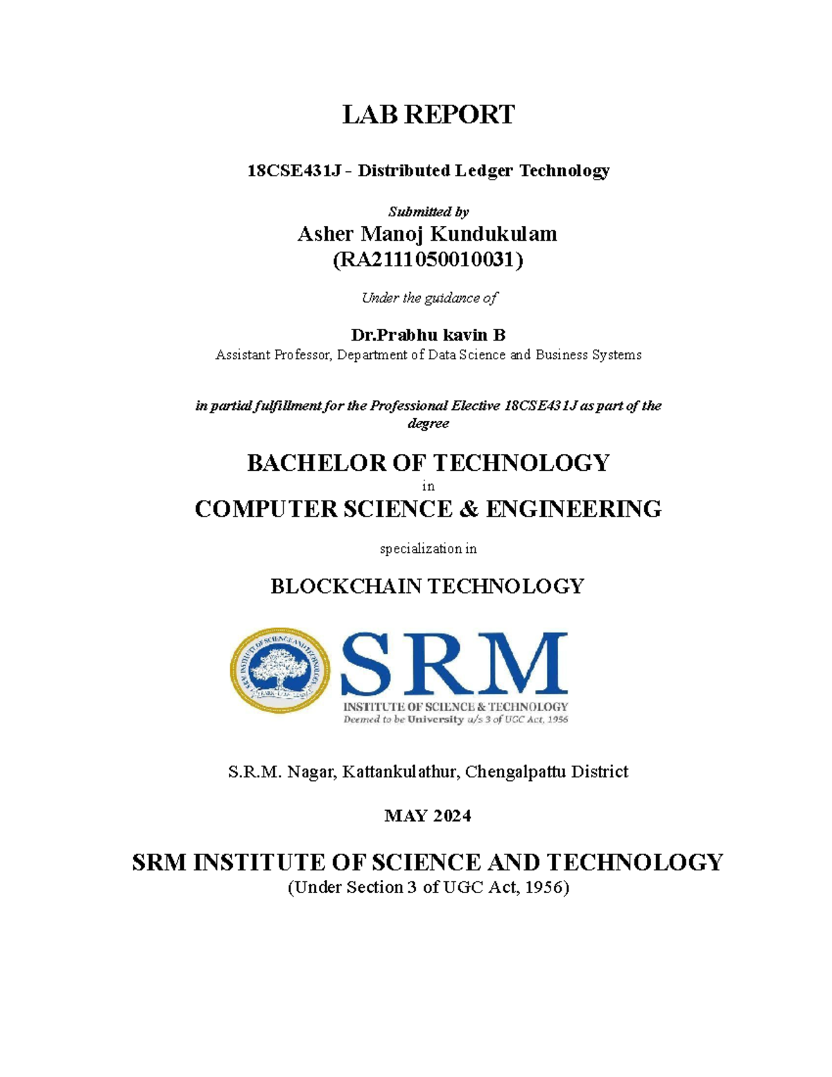Asher's Lab Report on 18CSE431J - Distributed Ledger Technology - Studocu
