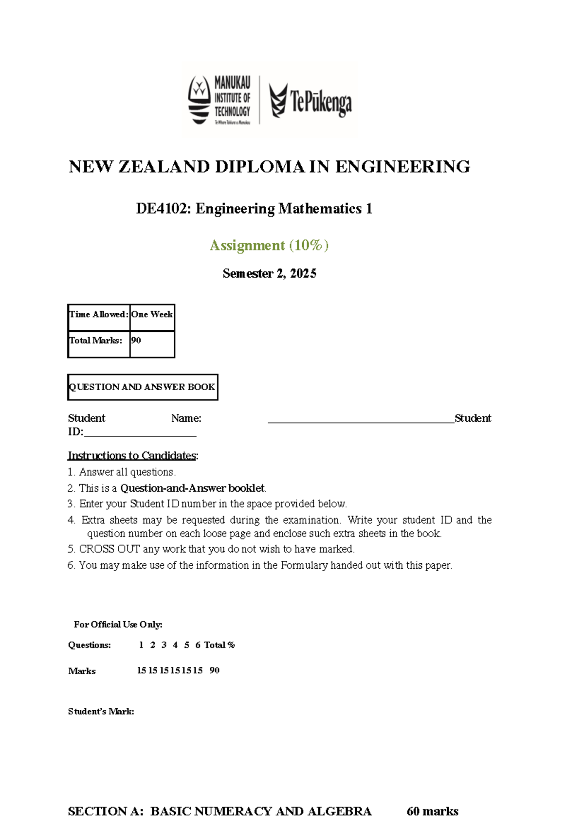 DE4102: Engineering Mathematics 1 Assignment 1 - Semester 2, 2025 - Studocu