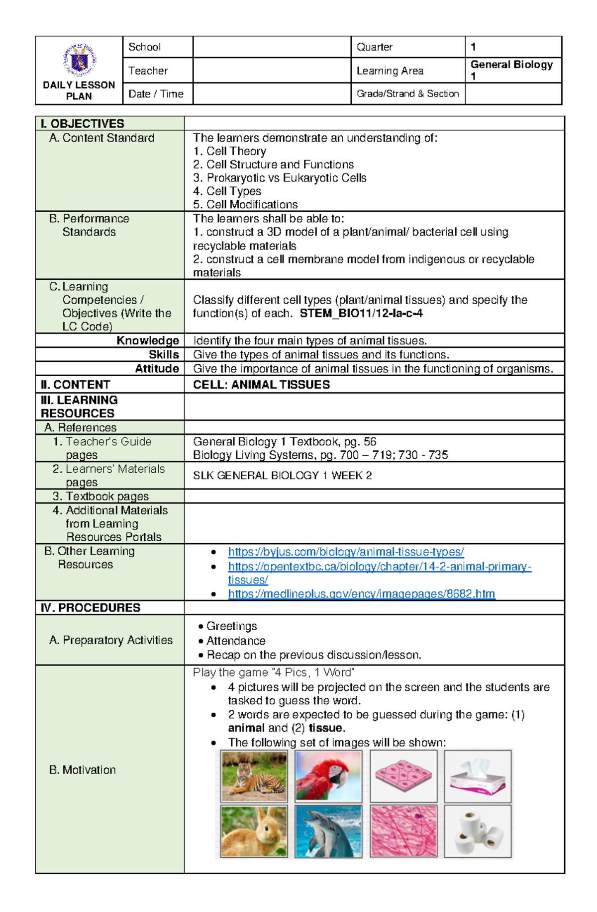 Animal Tissues Lesson Plan - Ed Students (STEM_BIO11/12) - Studocu