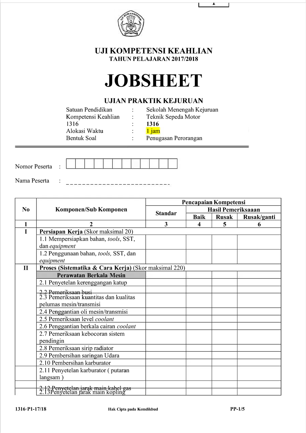 JOBSHEET UJIAN PRAKTIK KEJURUAN 1316: Perawatan Berkala Sepeda Motor - Document Preview