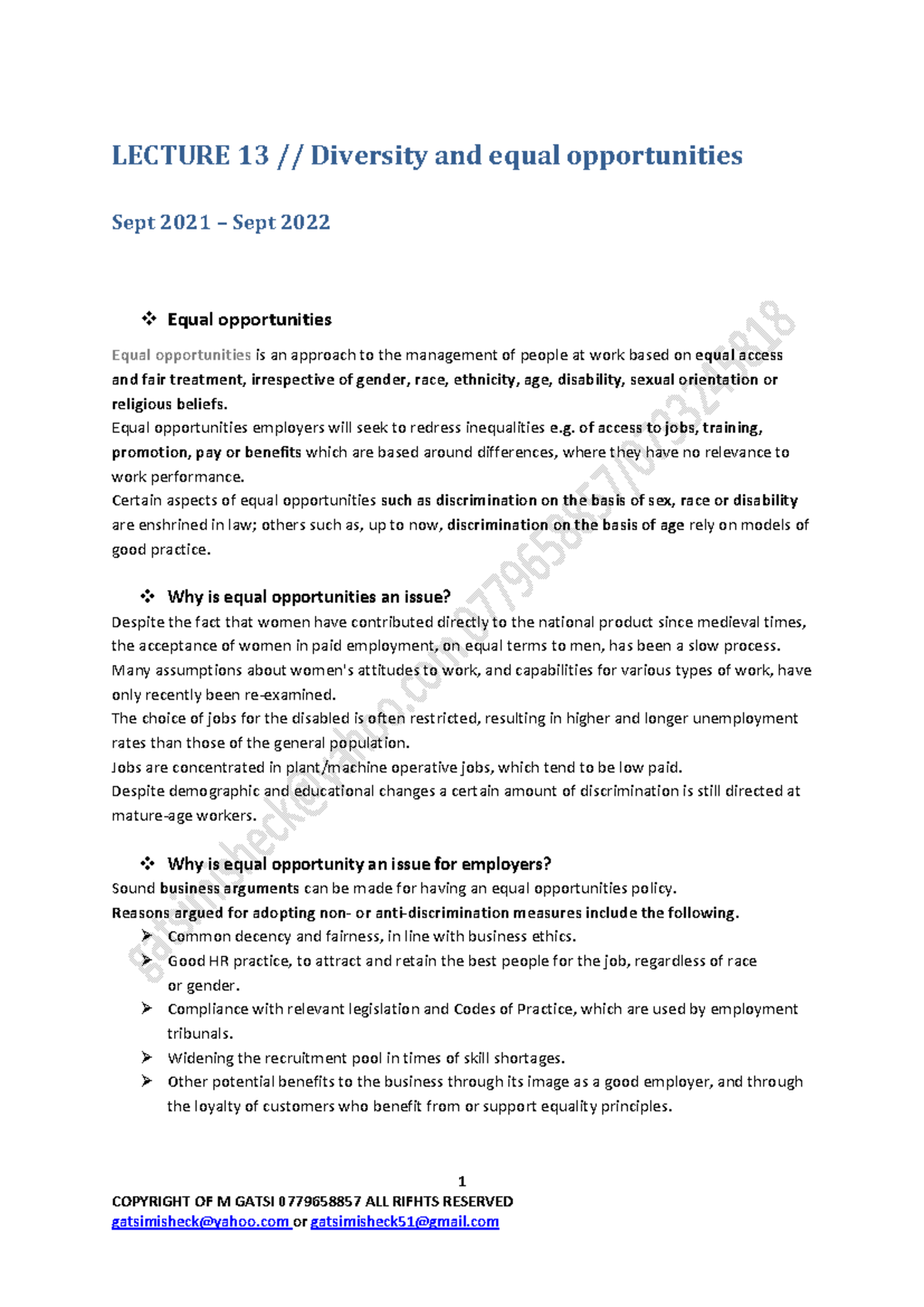 Lecture 13: Understanding Diversity and Equal Opportunities in the ...