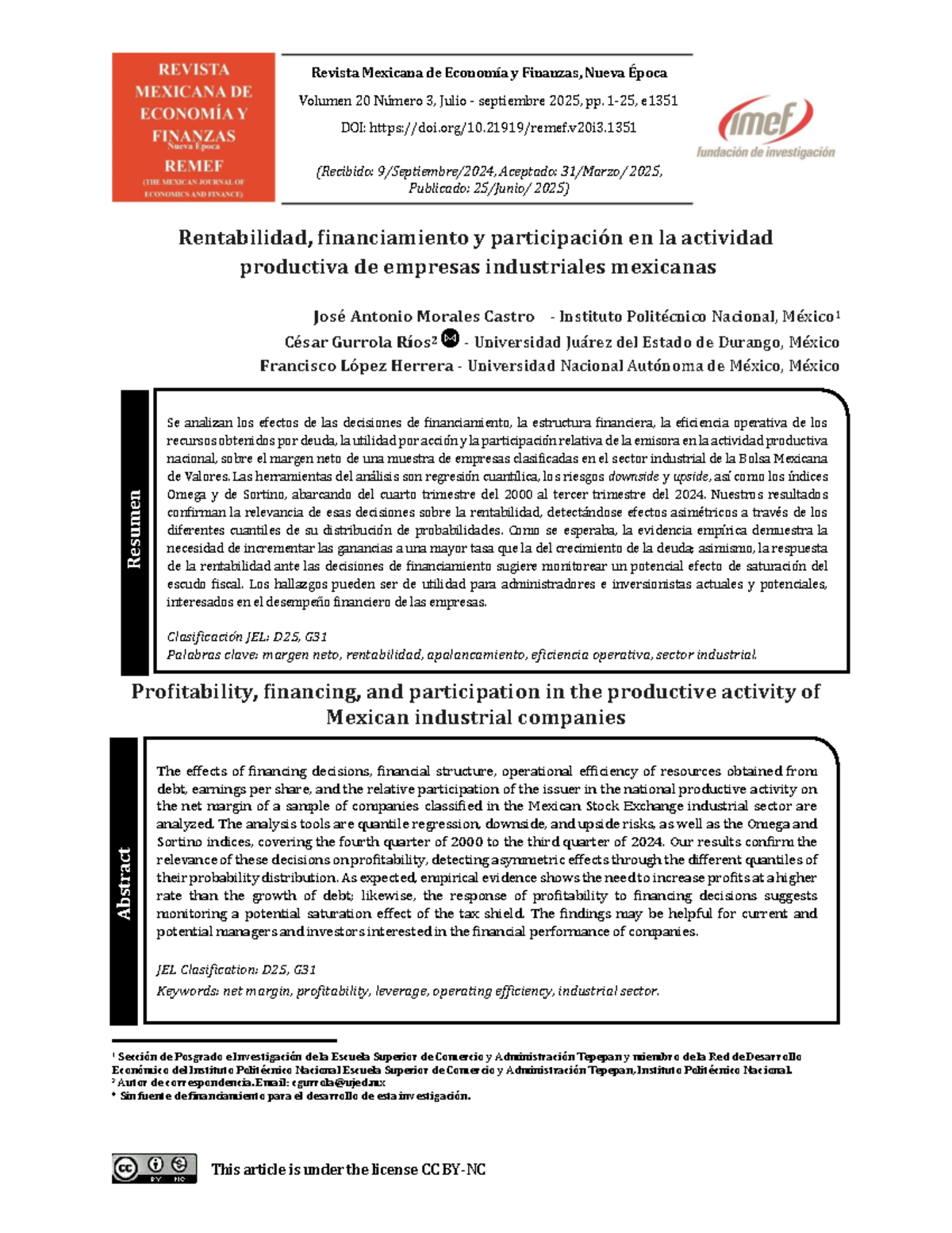 REMEF 20(3): Rentabilidad y Financiamiento en Empresas Industriales ...