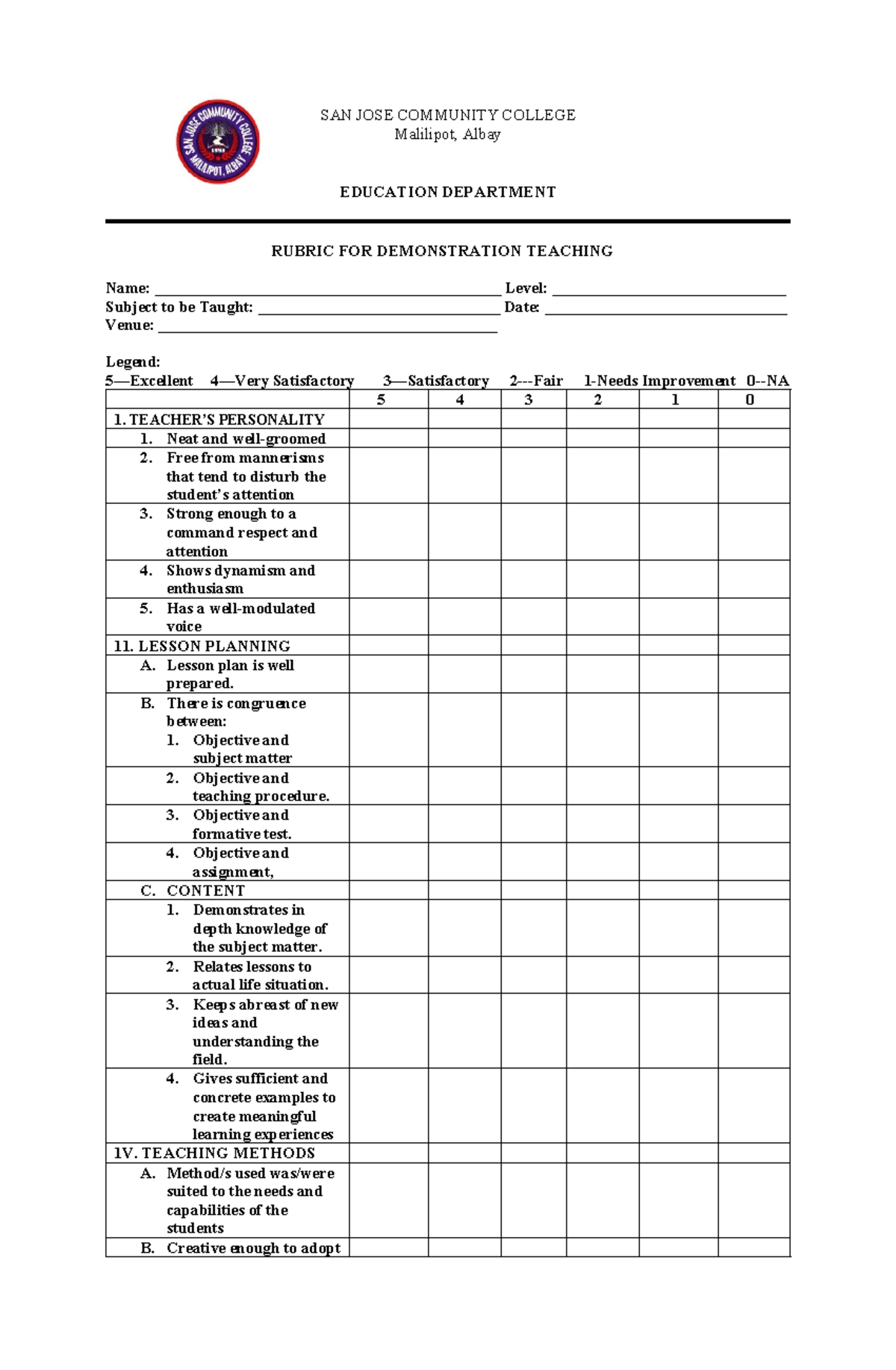 SAN JOSE COMMUNITY COLLEGE Demo Teaching Rubric for Education Dept ...